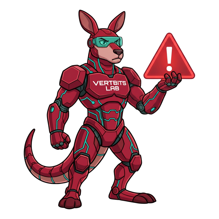 Byte, the Vertbits Lab mascot, holding a warning sign
