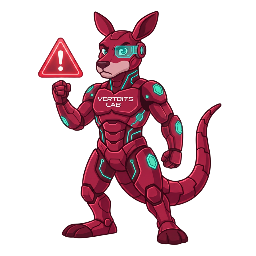 Byte, the Vertbits Lab mascot, standing guard with a warning sign
