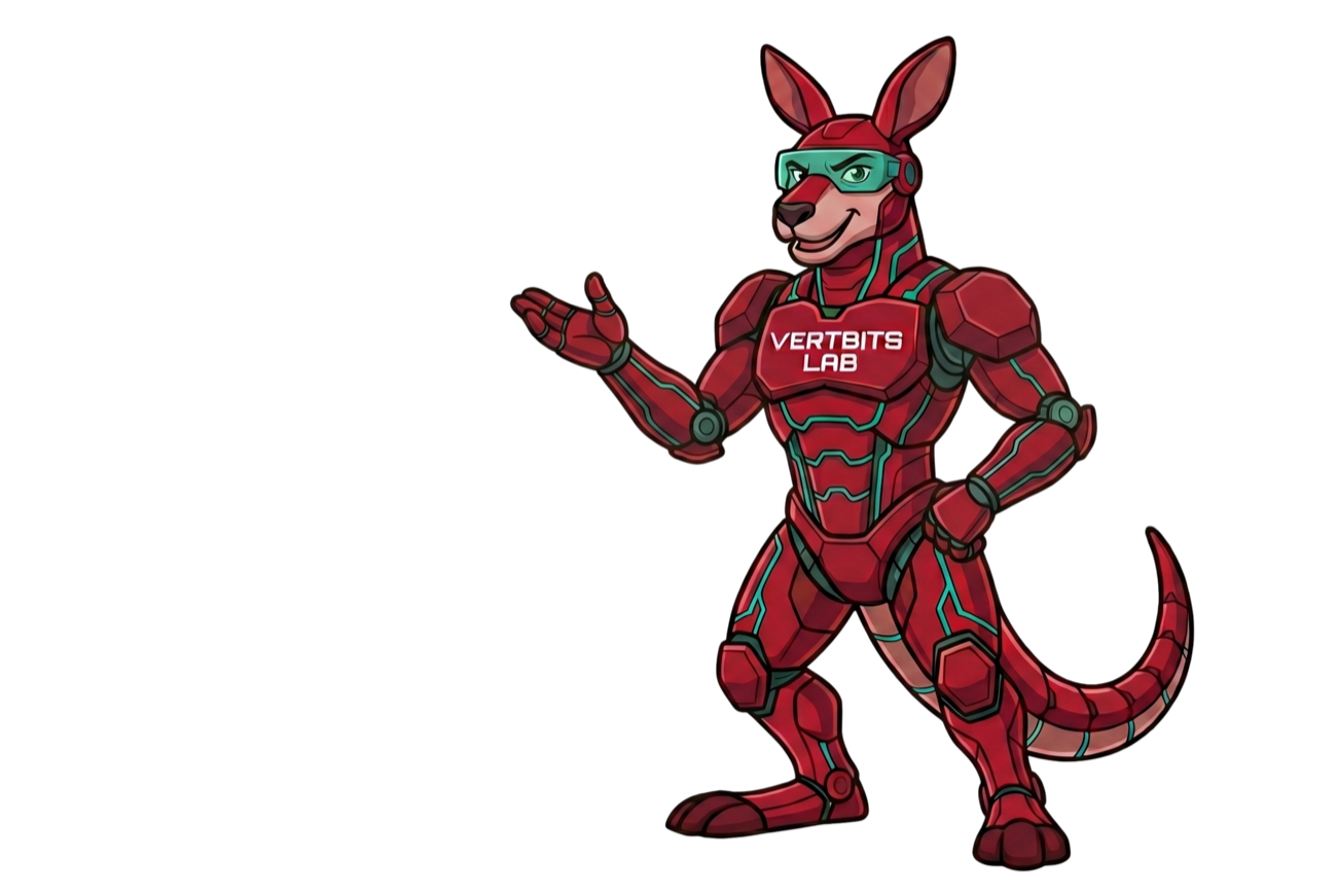 Byte, the Vertbits Lab mascot, presenting Asset Sentinel